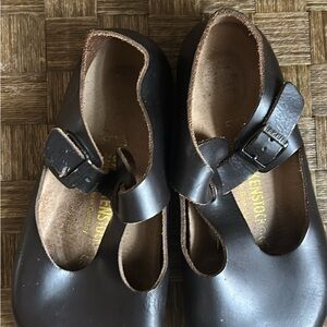 Birkenstock Dark Brown Leather Mary Jane Clogs with Buckle